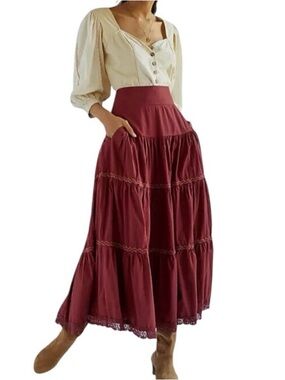 Anthropologie Tiered Lace boho whimsygoth Burgundy Maxi Skirt 🌴